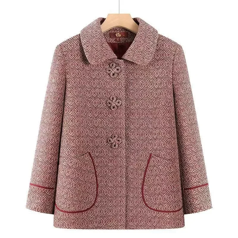 Korean Female Large Size 5XL Outwear Grandma Fashion Printing Jacket Autumn Winter Middle Aged Mother Long Sleeves Short Coat