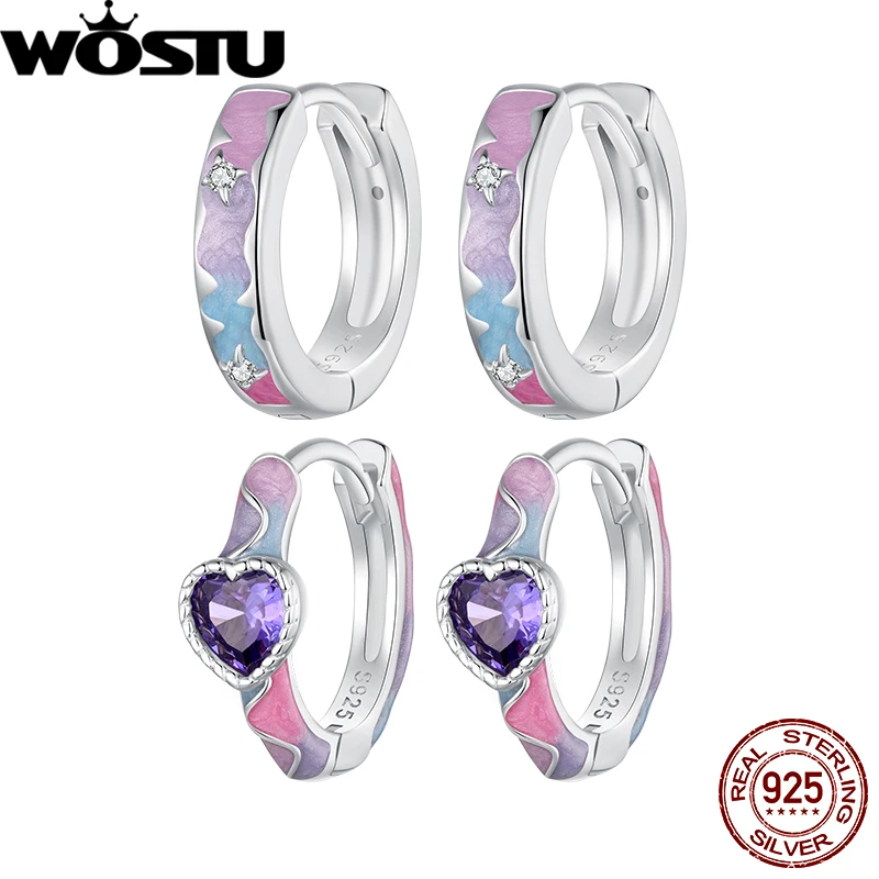 WOSTU Original 925 Sterling Silver Fantasy Galaxy Earring Buckles Heart Earring Hoop for Women Romantic Party Gift Fine Jewelry