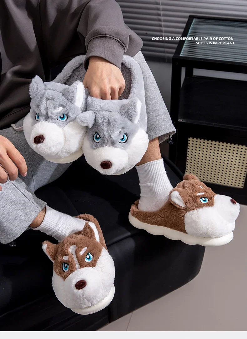 ZUOFU Niedliche Husky-Hund-Plüsch-Hausschuhe Herbst Winter Weiche Flauschige Rutschfeste Komfort-Hausschuhe EU 36-51 – Detail 7