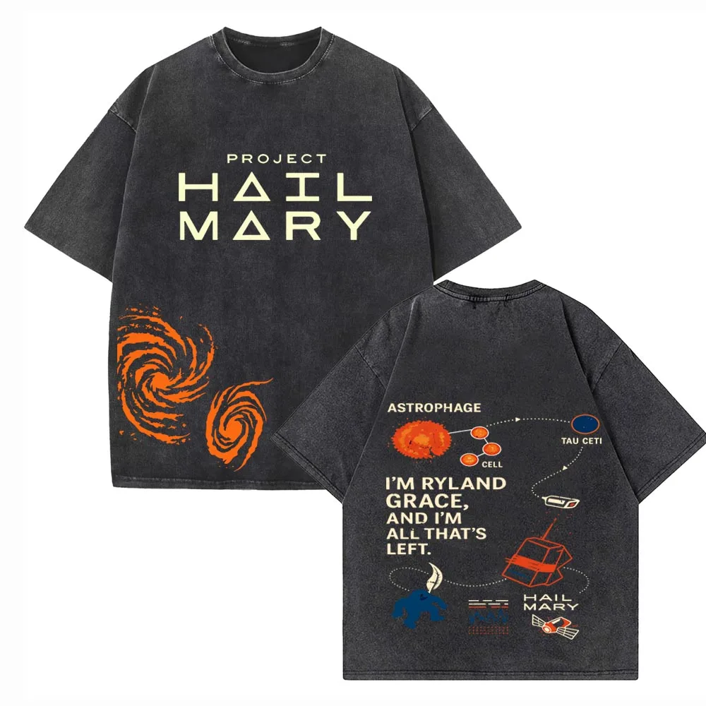 Vintage Wash Project-Hail-Mary Rocky Cotton T-shirt Vintage Summer O-Neck Short Sleeve