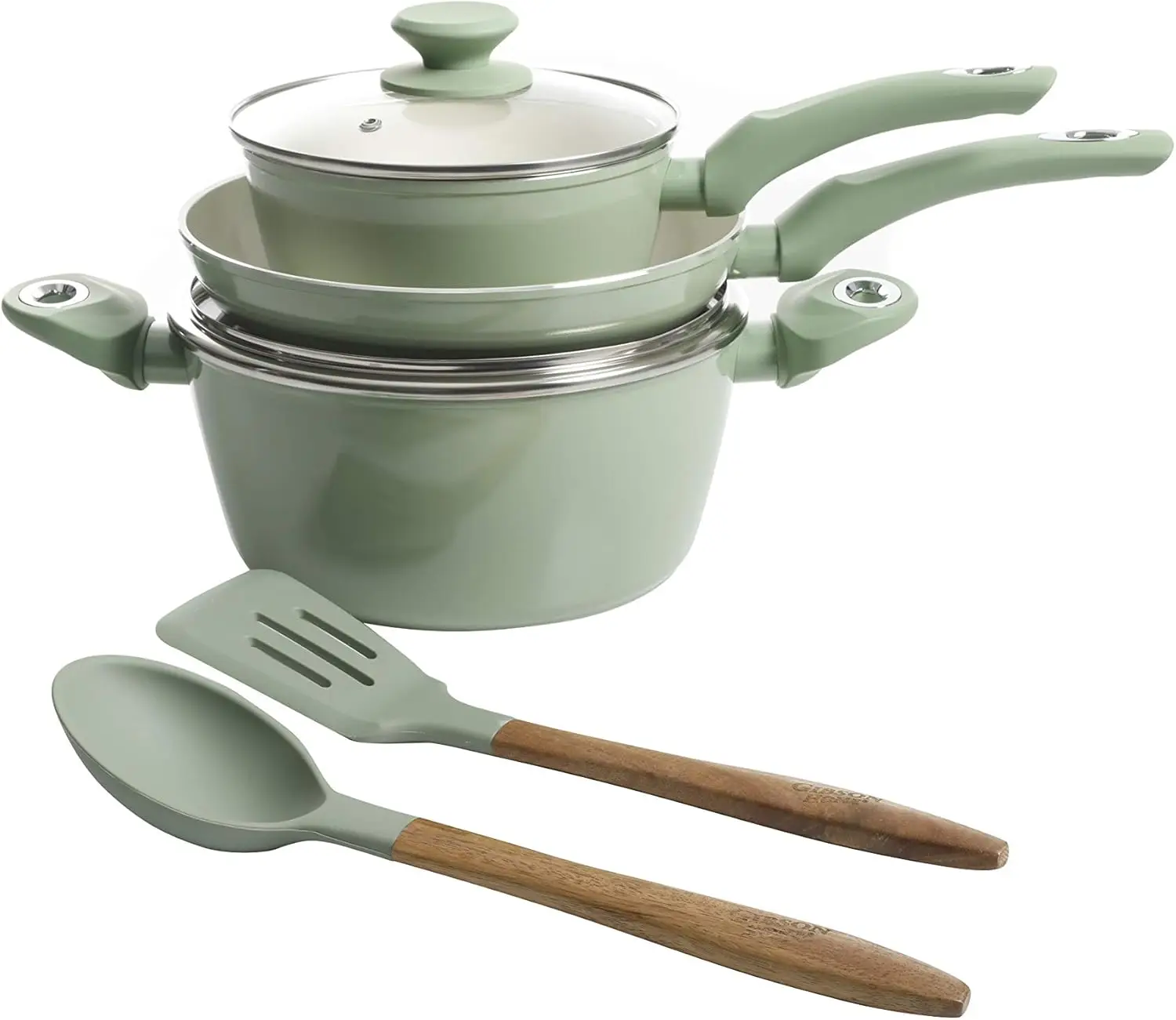 Forged Aluminum Healthy PFA-Free Ceramic Pots and Pans Cookware Set, 7-Piece Set, Mint Green