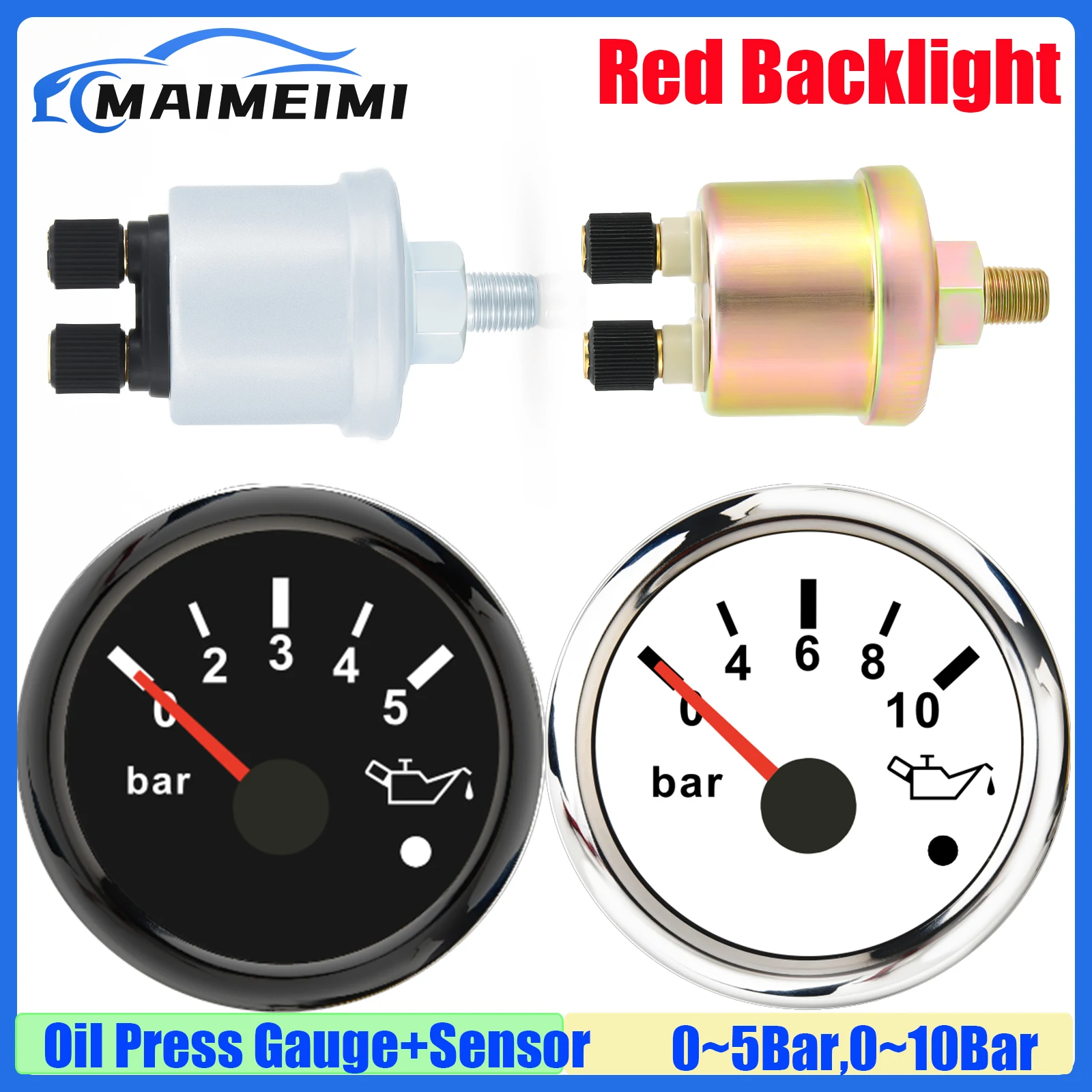 52mm Oil Pressure Gauge with Alarm Red LED 0-5 Bar 0-10Bar Oil Press Meter+Sensor 1/8NPT for Auto Car Marine Yacht 12V24V Custom