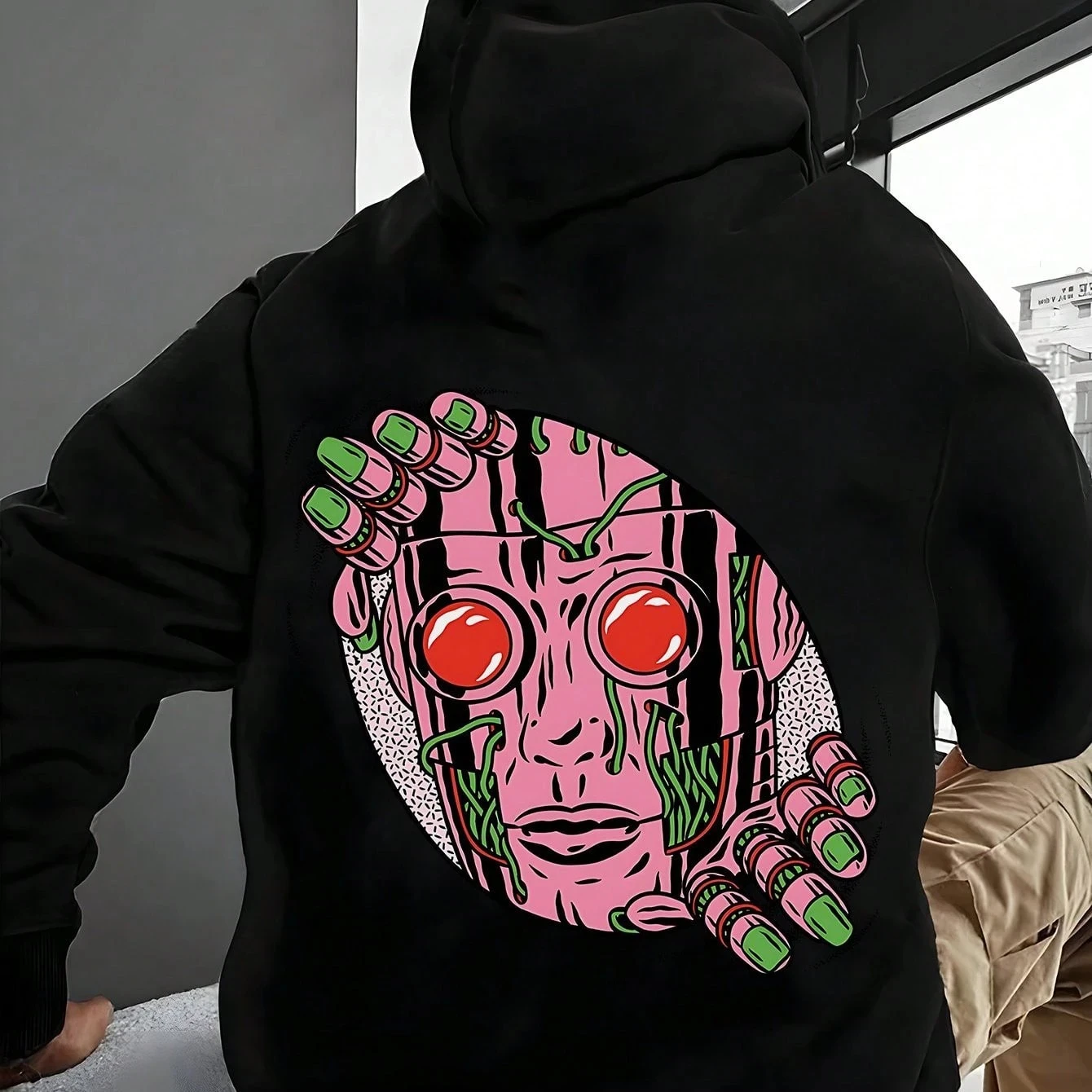 هالوين ملابس الرجال هوديي أسود مع الخيال العلمي الرعب نمط مطبوعة البلوز الخريف موضة جديدة الشارع الهيب هوب رياضية