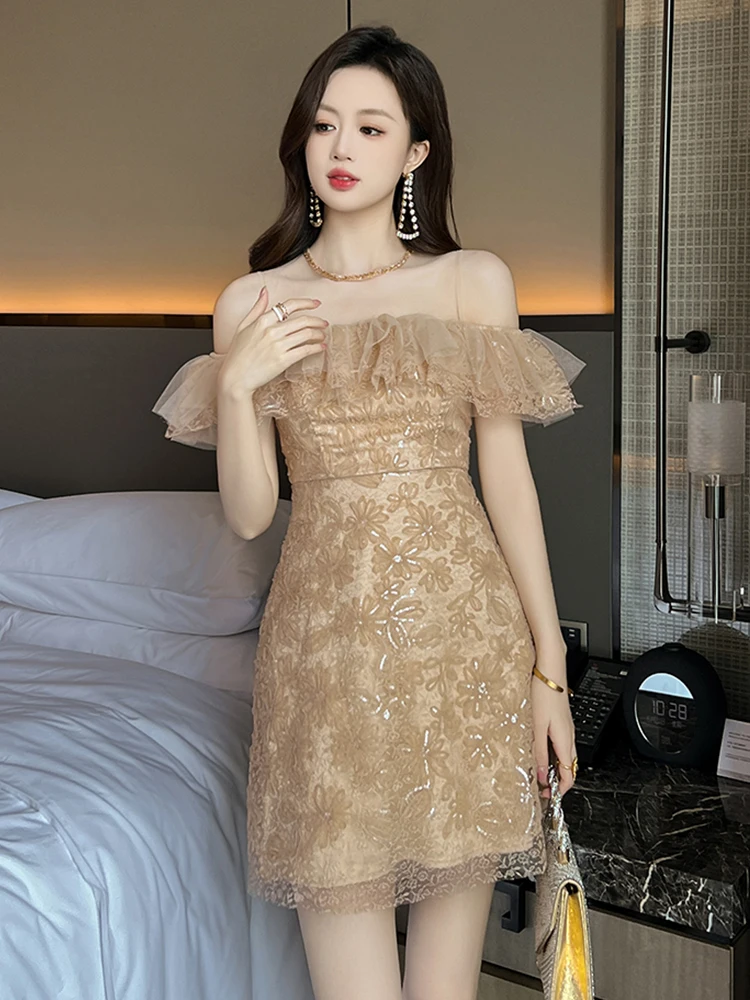 Robe de soirée en dentelle pour femme, vêtements en maille transparente, robe à sequins sexy, robe trapèze courte, robe de Rh, mode