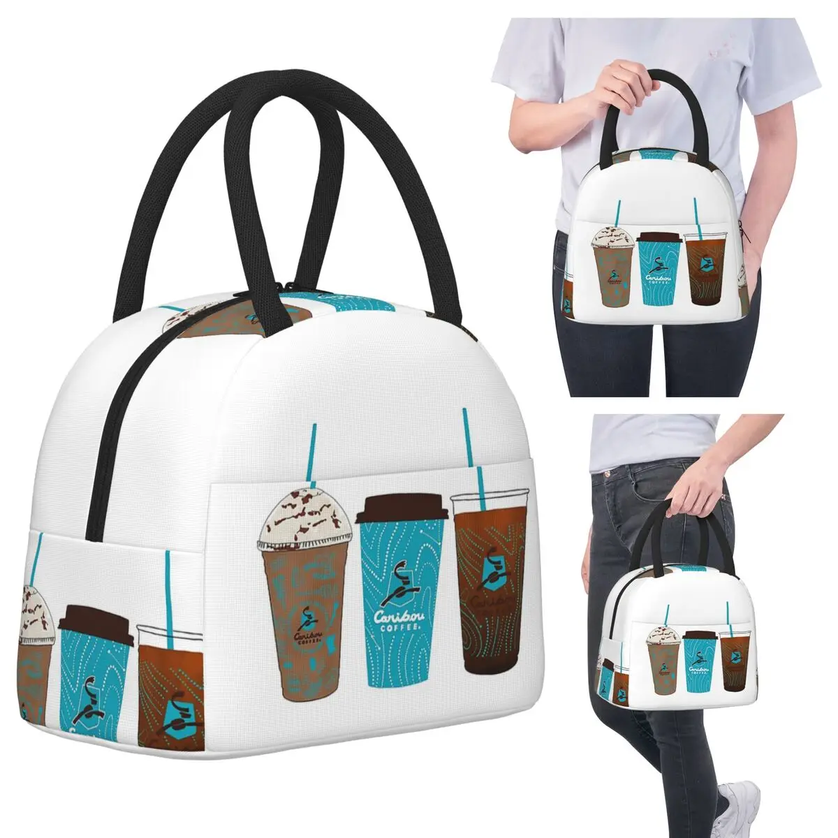 

Caribou Coffee Cups Lunch Bags Insulated Bento Box Waterproof Lunch Tote Resuable Picnic Bags Cooler Bag for Woman Kids Travel