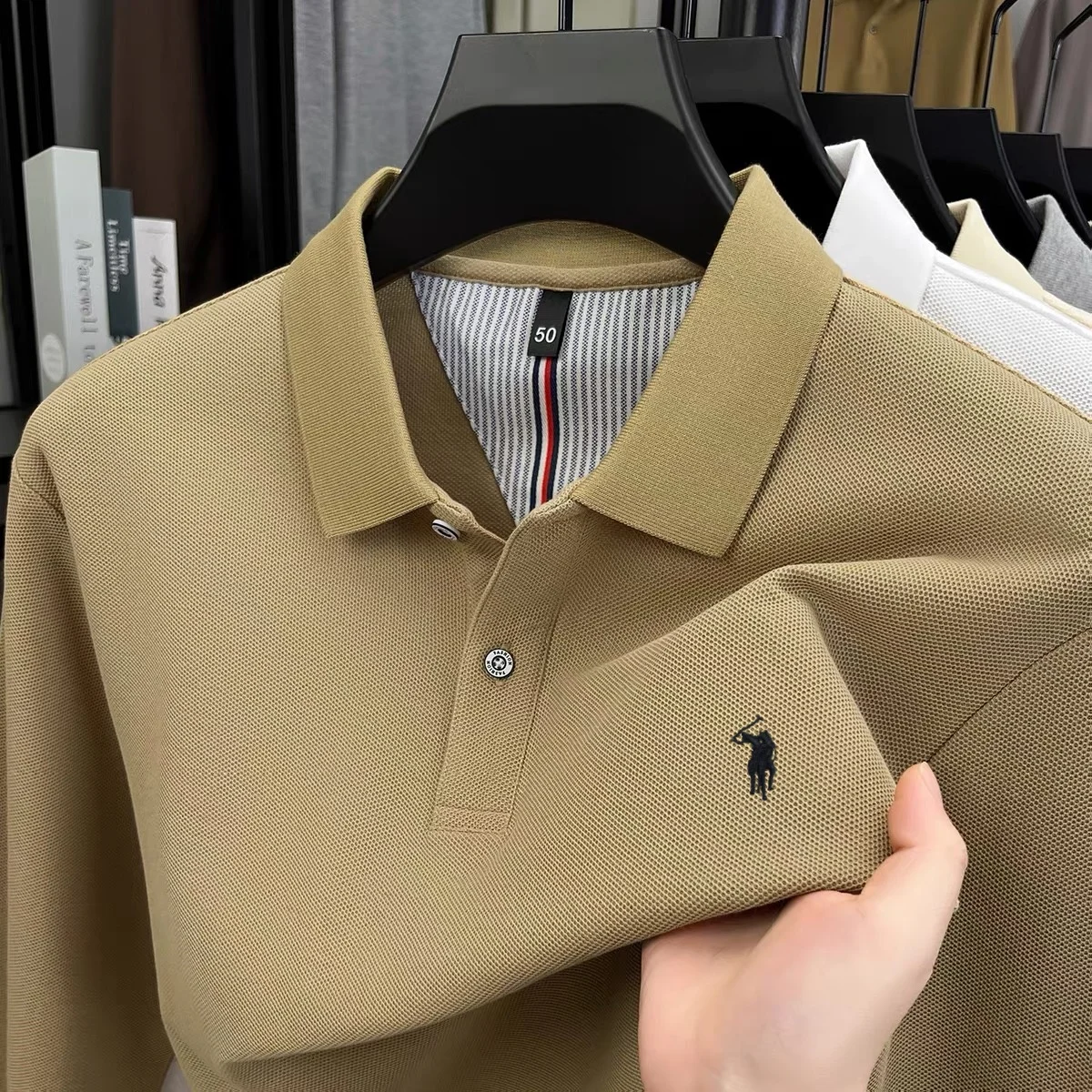 

100% Pure Cotton Men's New Spring Autumn Long Sleeve Polo T-Shirt Commuting Casual Office Breathable Cozy Horse Embroidered Top