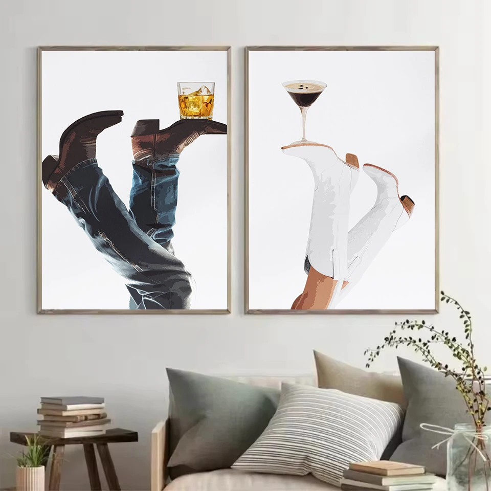 Коктейльные и ковбойские сапоги Эспрессо Мартини Ковбой Виски Иллюстрация Плакат Холст Картина Настенные панно Домашний декор Подарок