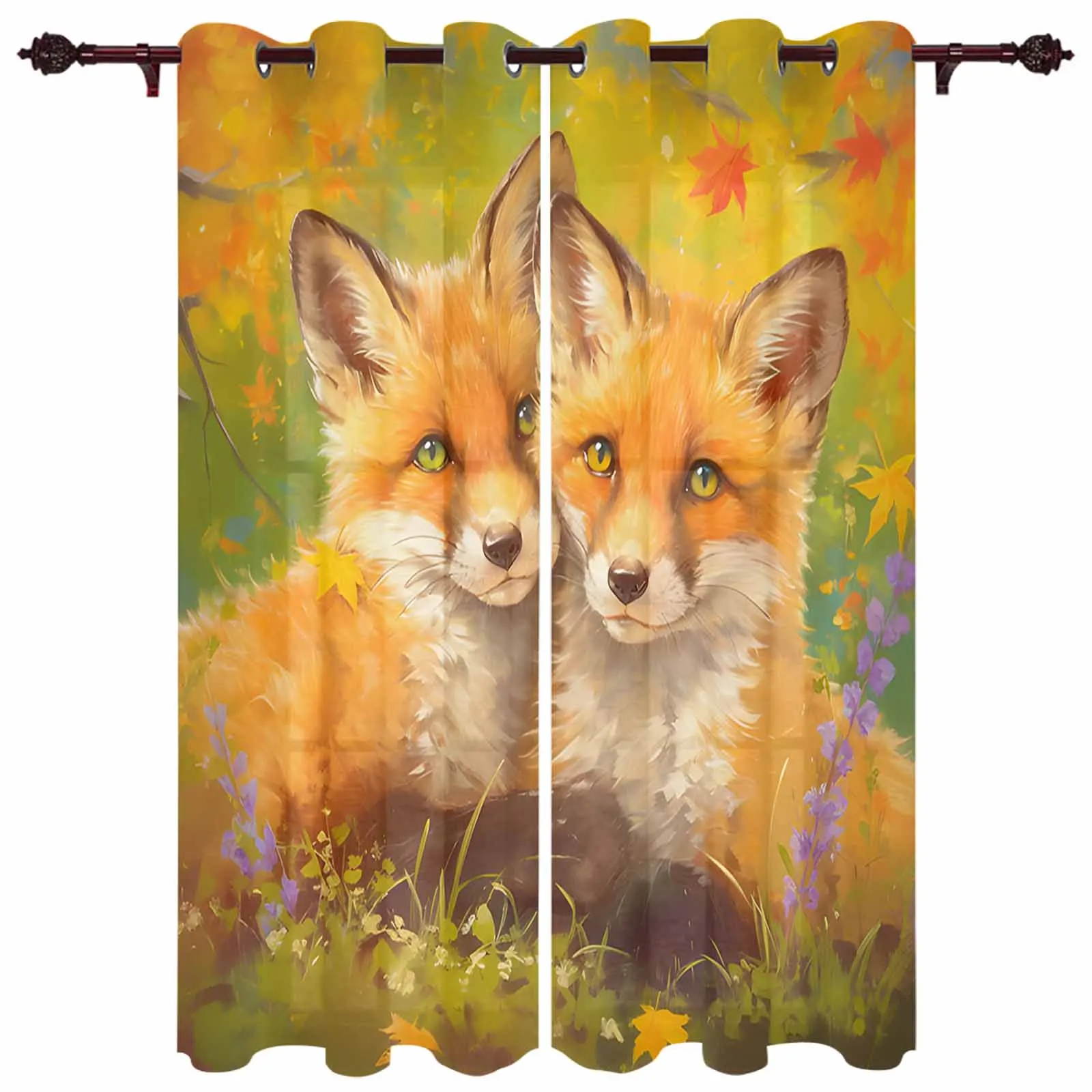 Two Foxes With Maple Leaves In Autumn Modern Panels Hall Curtains for Living Room Bedroom Window Curtains Hotel Drapes