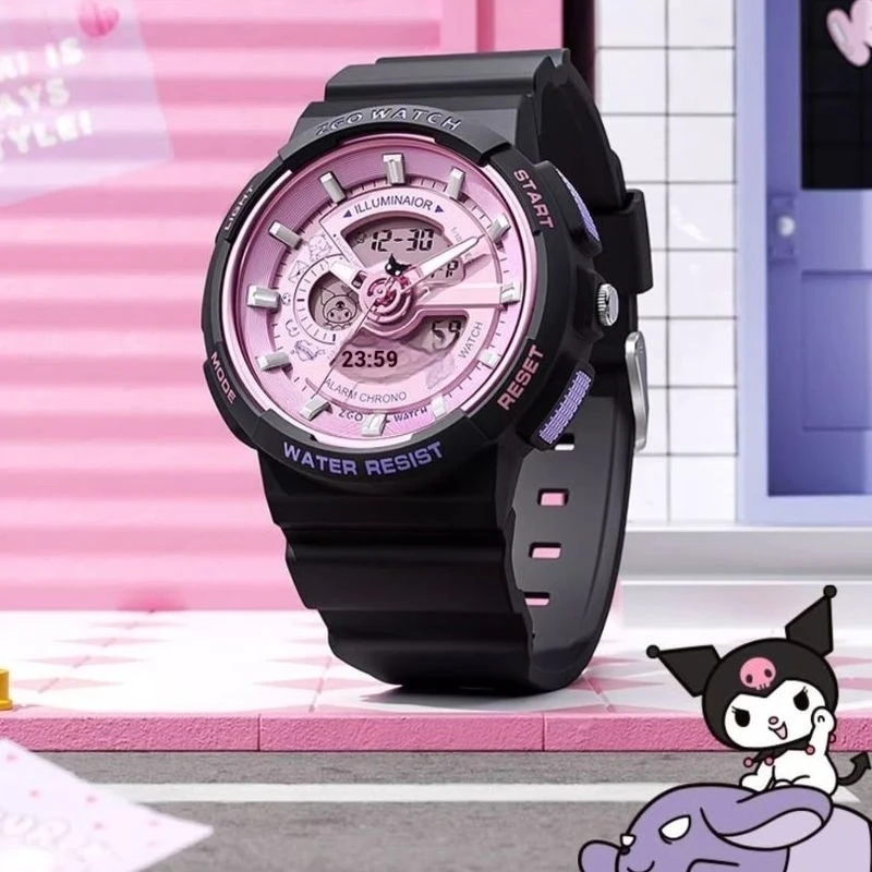 Sanrio Hello Kitty Wrist Watch Student Female Night Light Waterproof Double Display Sports Watch Children Electronic Watch Male