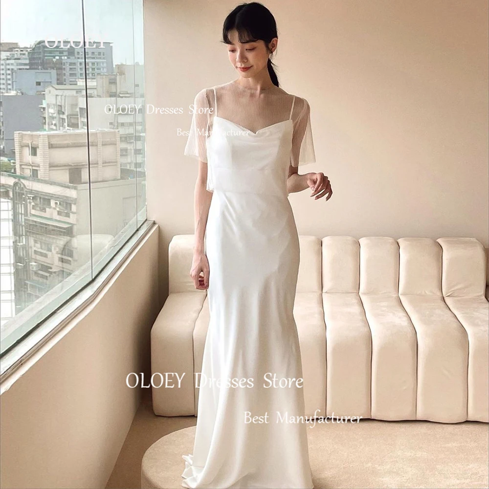 OLOEY Simple Ivory Wedding Dresses With Jacket Korea Photoshoot Satin Spaghetti Straps Floor Length Bridal Gown Vestido De Noiva