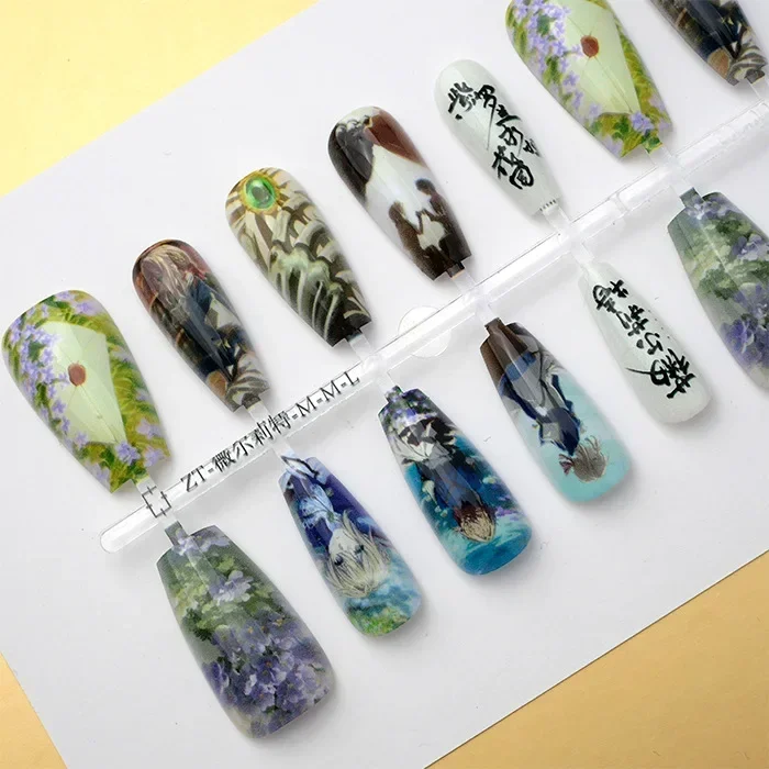 Violet Evergarden-uñas postizas de Anime japonés, hermosas uñas postizas con estampado de letras y flores, cubierta completa de dibujos animados, arte de uñas