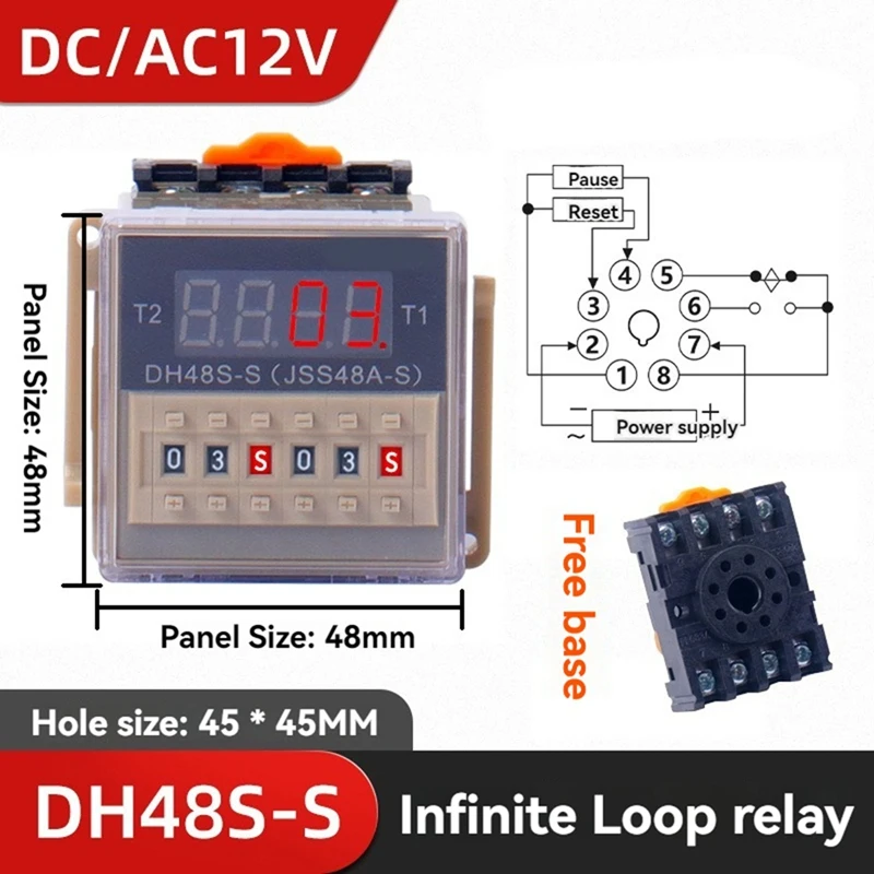 DH48S-S 12V Time Relay  AC/DC 12V 24V 36V 110V 220V 380V Repeat Cycle  With Socket DH48S Series Delay Time With Base D