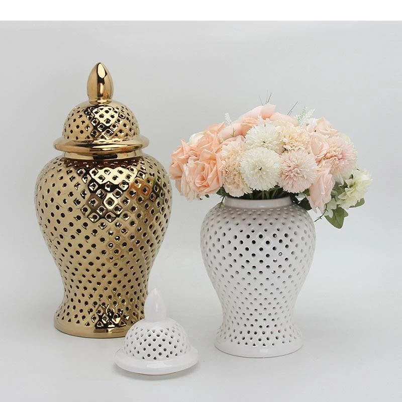Minimalist Hollow Crafts General Jar with Lids White Ceramic Storage Cosmetic Containers Artificial Flower Decorative Vases