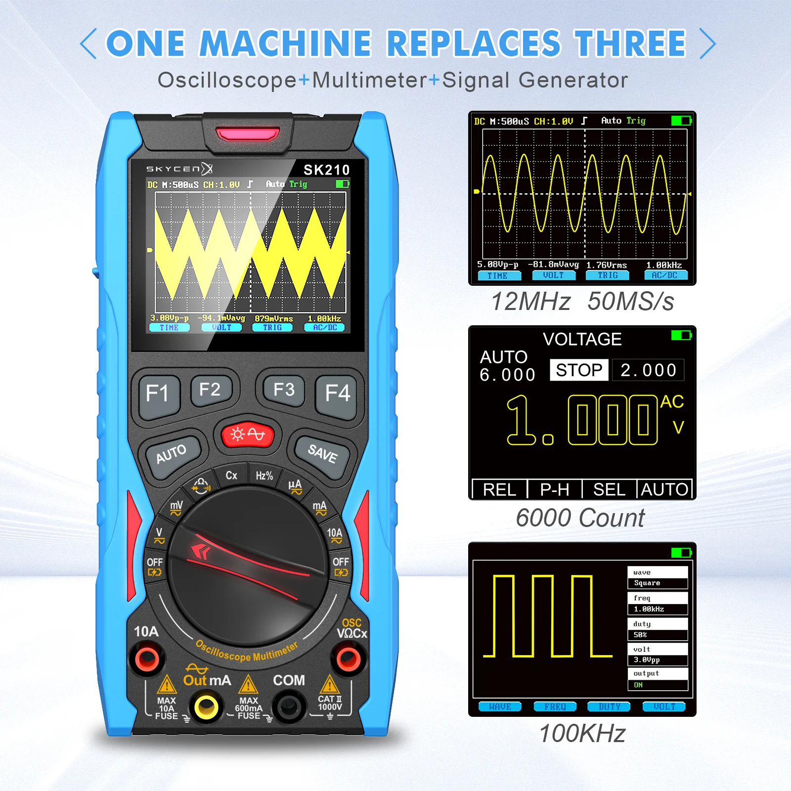 

SK210 Handheld 3-in-1 Digital Oscilloscope High Performance Portable Multimeter Signal Generator Signal Auto Repair Tester