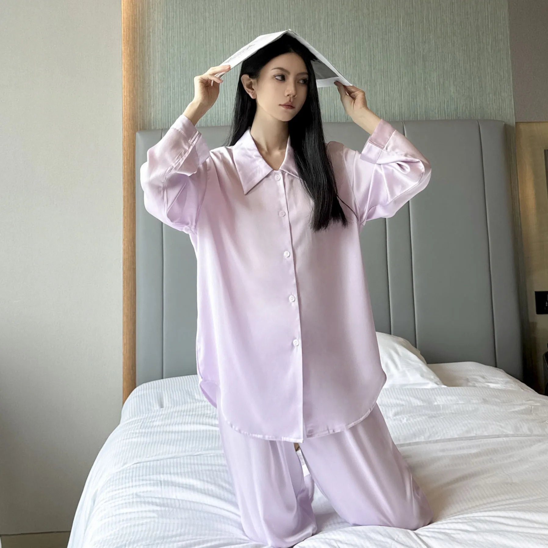 Summer Autumn Purple Pijamas Suit Female Pajamas Set Long Sleeve Sleepwear Loungewear Women Silky Satin Nightwear Homewear image 2