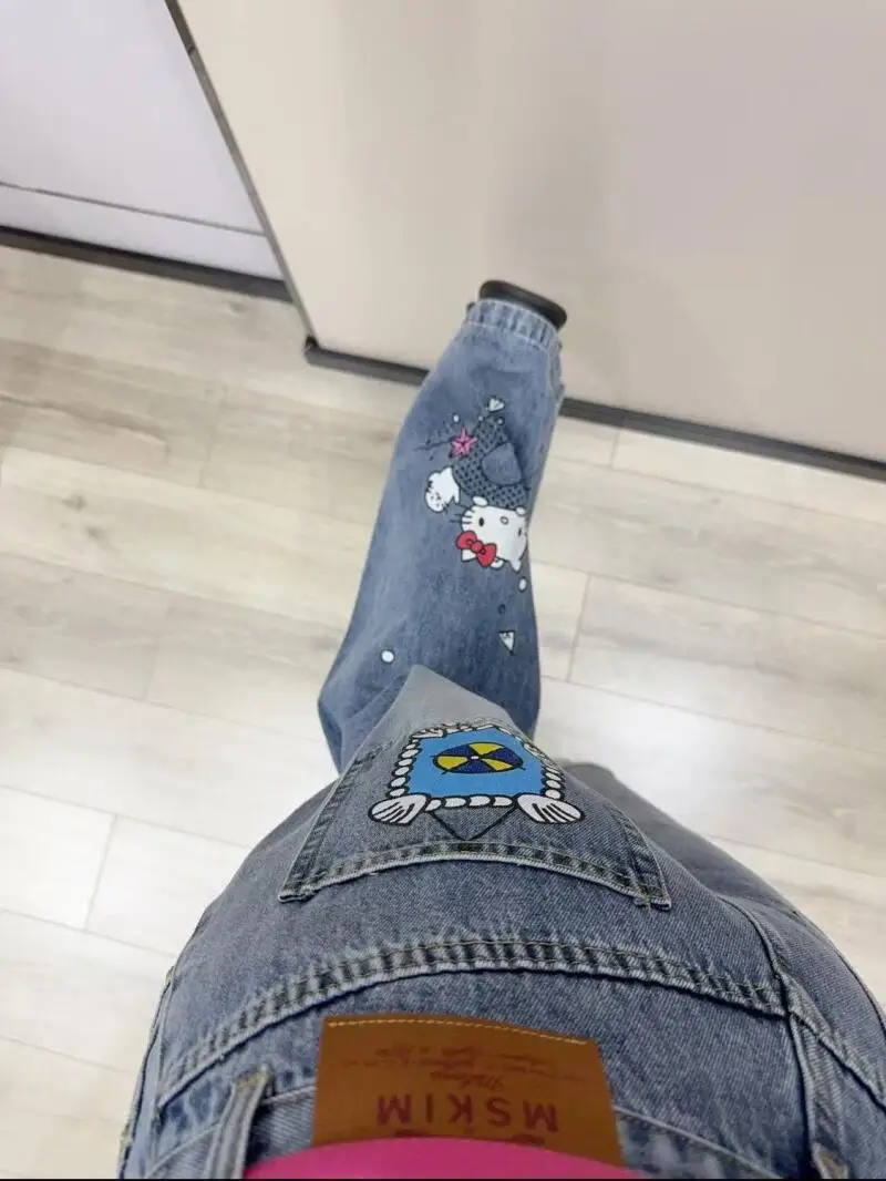سانريو Y2K مرحبا كيتي الجينز النمط الأمريكي الرجعية طباعة واسعة الساق الجينز فضفاض جينز ضيق ثنى مستقيم أنبوب منشفة ارتداء السراويل