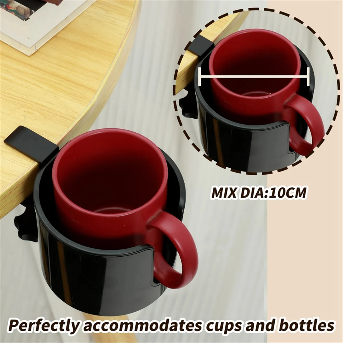 AA98 Desk Cup Holder Table Universal Adjustable Pgraded Arm Clamp Nonslip Storage Rack Clip on Coffee Bottles with Hook White
