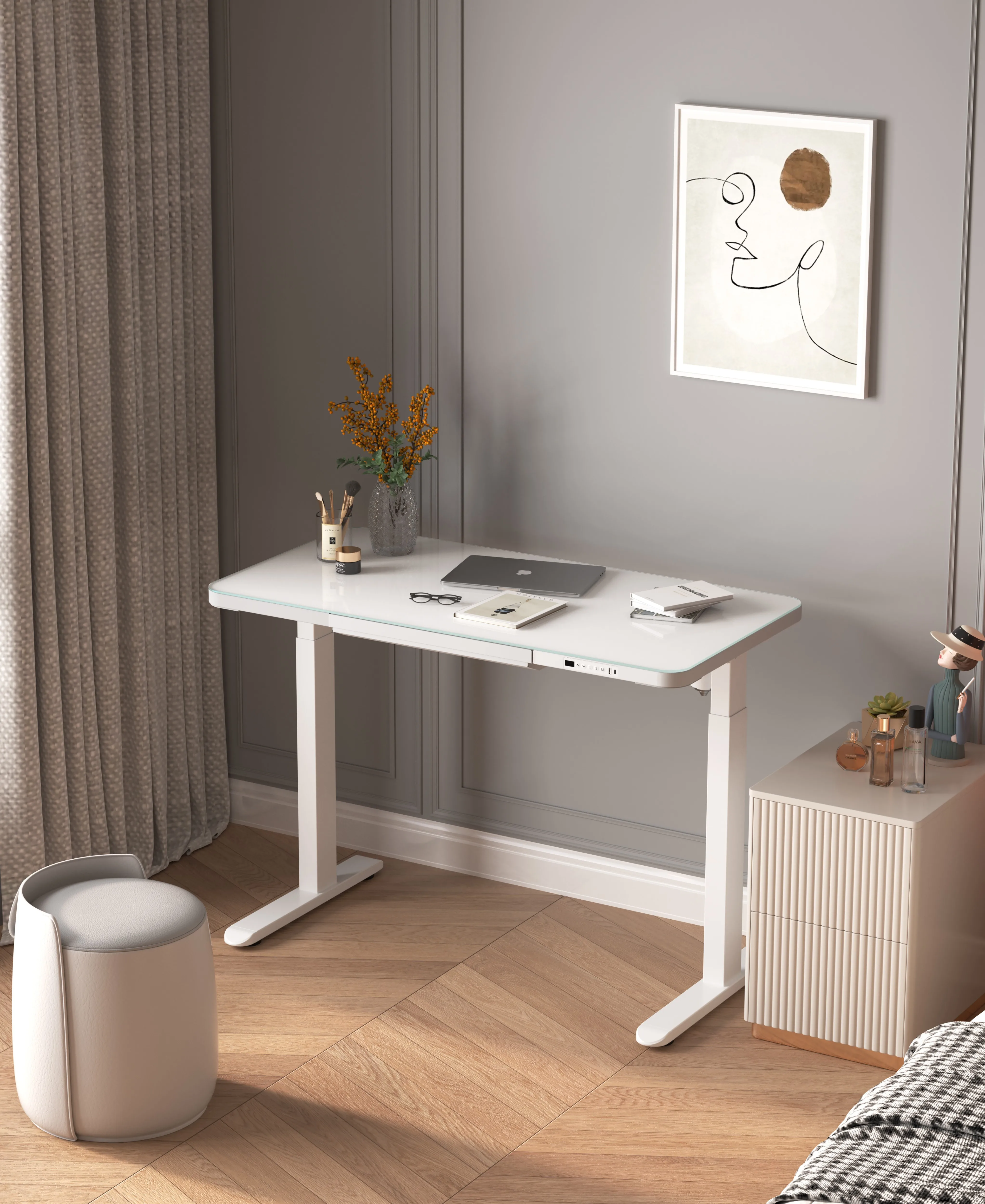 Weißer Ergonomischer Bürotisch Elektrisch Verstellbarer Smart-Schreibtisch mit Einzelmotor und Glasplatte
