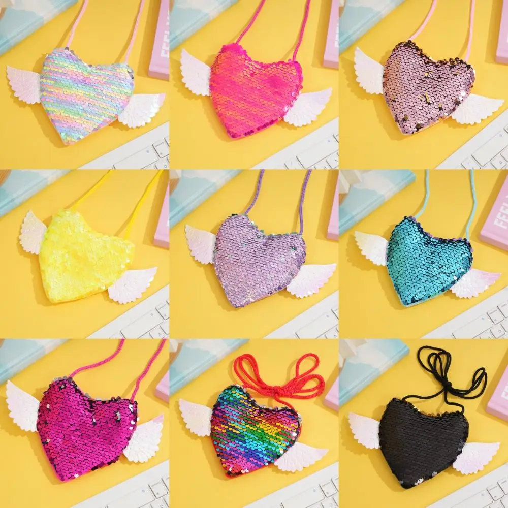 Sequin Sequin Heart Purse Wing Detail Heart Shape Crossbody Coin Bag Adjustable Strap Drawstring Kids Shoulder Bag For Girls