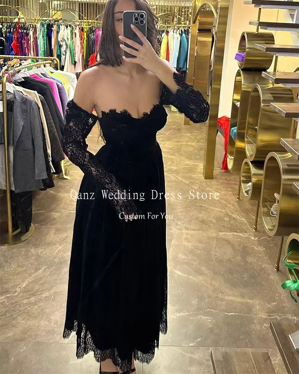 Qanz Black Full Lace Prom Dress Sweetheart Long Seeves Ankle Length Vestidos De Fiesta A Line Robe De Soirée Femmes Customized