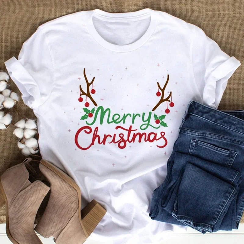 Women Merry Christmas Antler Holly Berry Graphic T Shirt Xmas Reindeer Branch Festive Print Casual O Neck Short Sleeve Tee