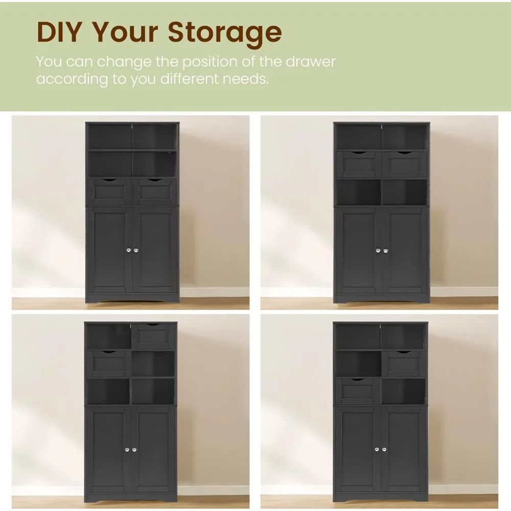 خزانة تخزين طويلة، خزانة تخزين سوداء مع درجين وأرفف قابلة للتعديل، خزانة حمام لغرفة المعيشة، غرفة الطعام،