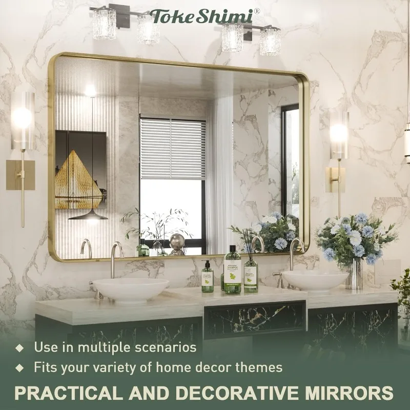 TokeShimi Gold Bathroom Mirror for Wall 40 x 30 Inch Rounded Corner Rectangle in Aluminum Alloy Metal Frame Deep Set