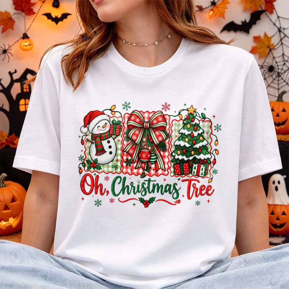 Oh Christmas Tree Cotton T-Shirt Coquette Christmas Tree Cake Graphic T Shirts Fashion Preppy Christmas Tree Bow Printing Tshirt