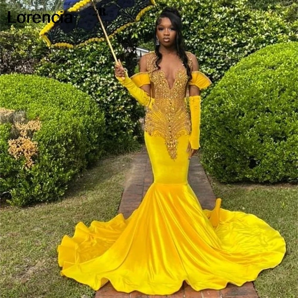 Lorencia Yellow Velvet Gold Rainstones Prom Dress For Black Girls Lace Applique Beading Formal Party Gown Robe De Soiree YPD84