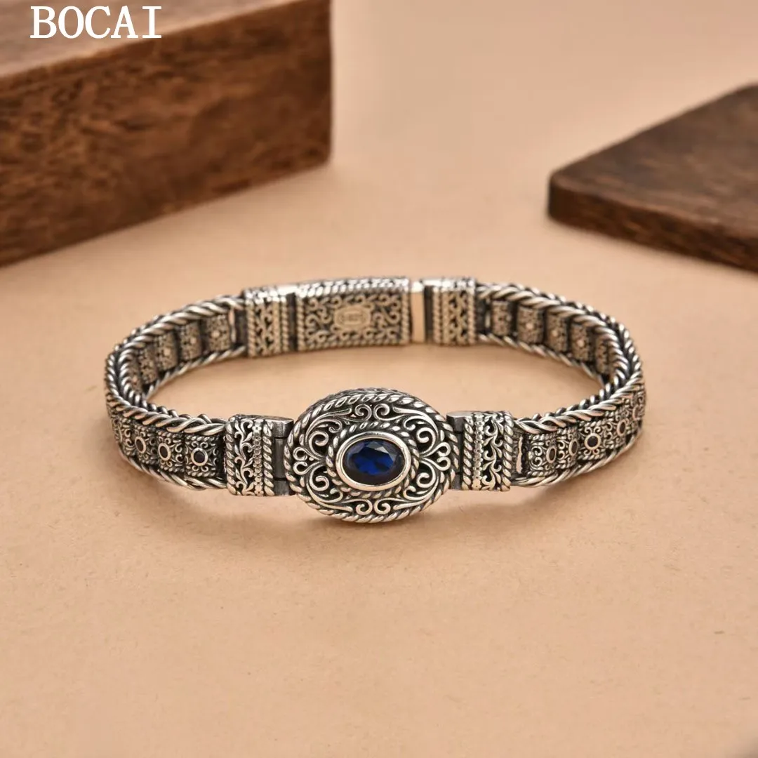 BOCAI S925 Pure Silver Arabic Style Hand Woven Rolled Grass Pattern Tube Bead Diamond Studded Bracelet For Men