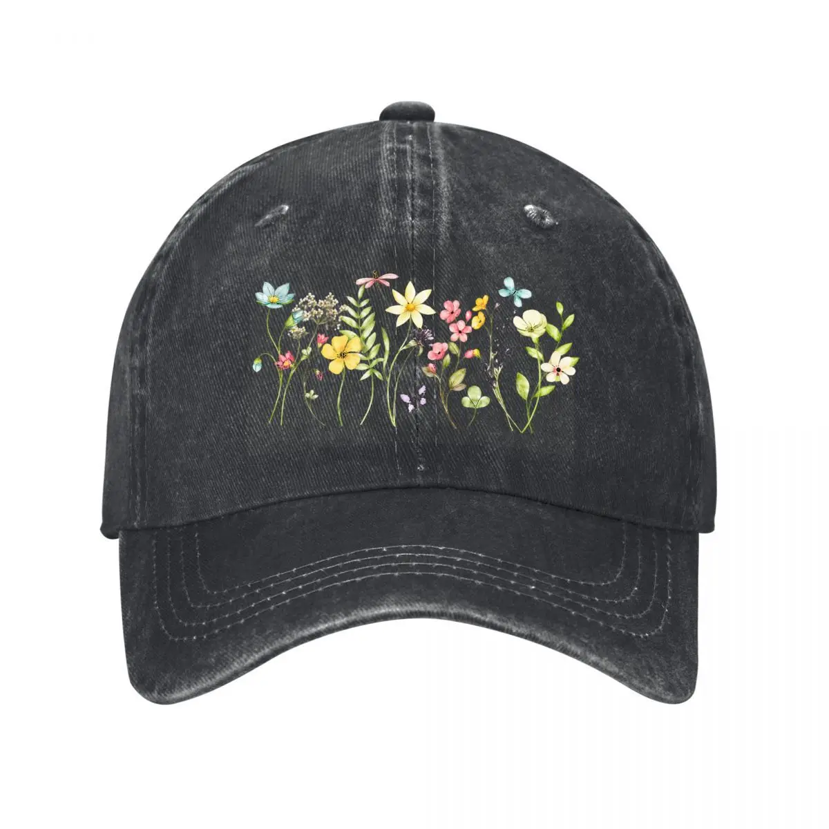 Watercolor Wildflower Garden With Dragonflies Botanical Floral Design New Vintage Washed Cotton Baseball Cap Sun Hats