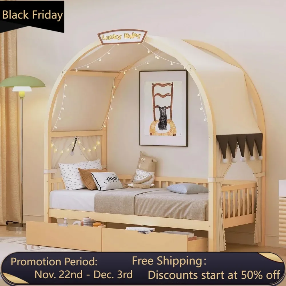 Twin Size Bed Frame with Headboard and Storage Drawers, Wood Daybed Frame with Arched Roof, Twin Bed Frames for Kids