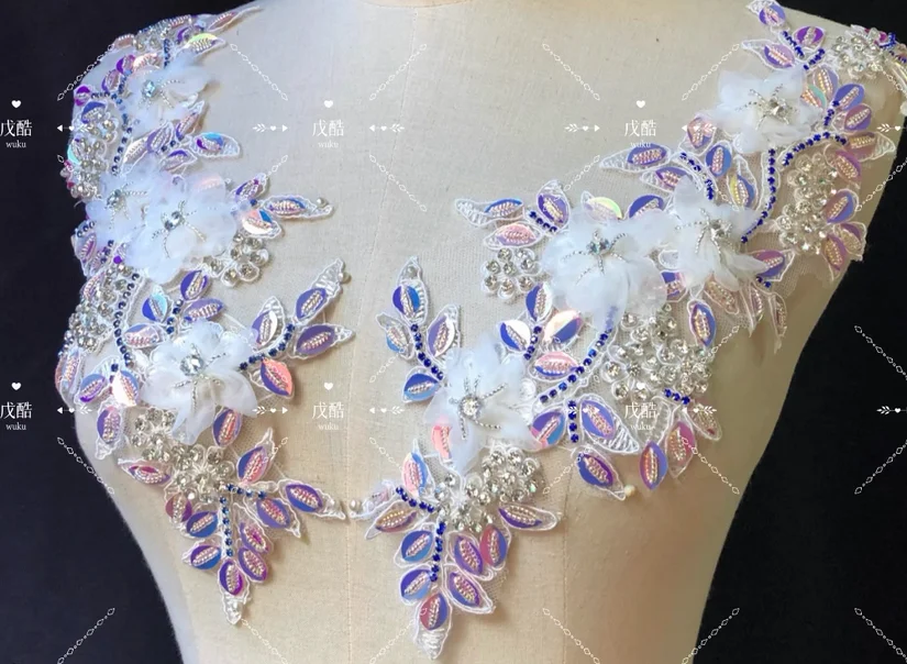 

Hand-beaded colorful sequins rhinestone lace applique wedding dress dance clothes children's embroidery