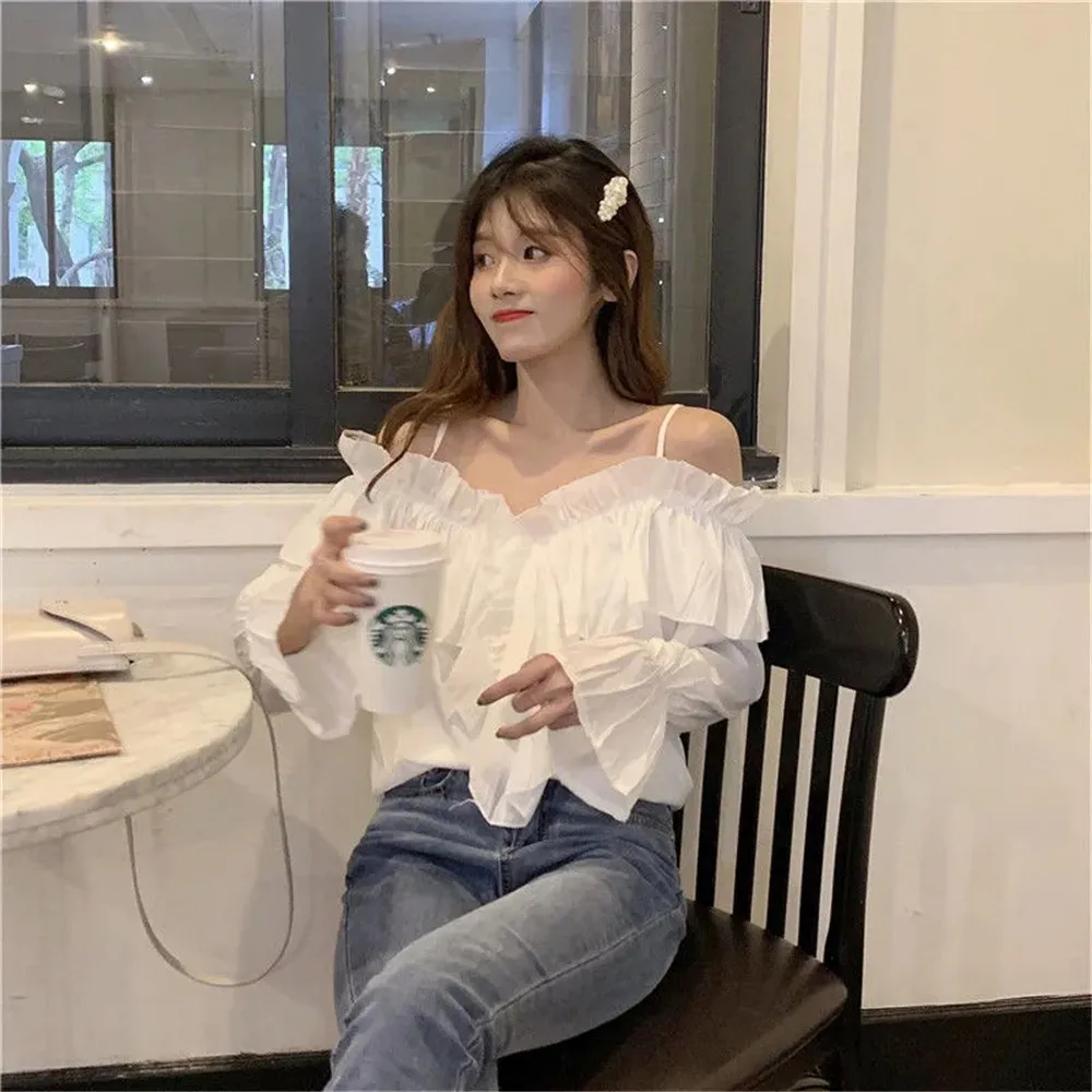 Y2K Ruffles Sexy Off Shoulder Blouses Women Party Design Stylish Ulzzang Long Sleeve Harajuku Solid All-match Soft Ins Crop Tops