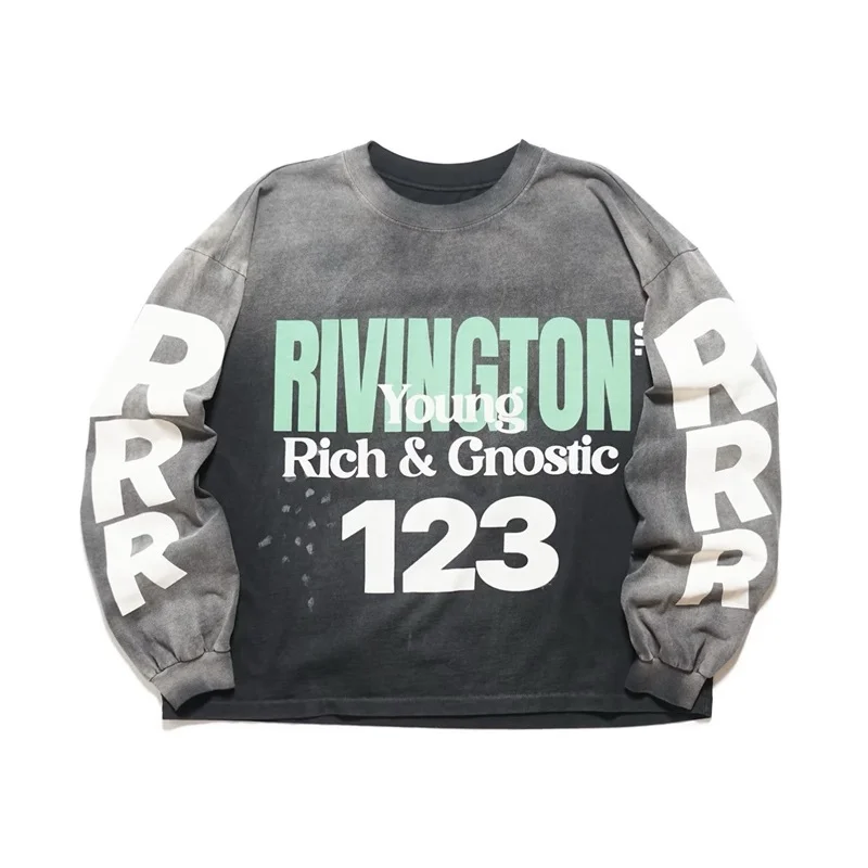 Washed Vintage Black Long Sleeve T-Shirt with Pattern Print RRR123 Relaxed Fit Cropped Style Fashion T Shirt Men Women Tops
