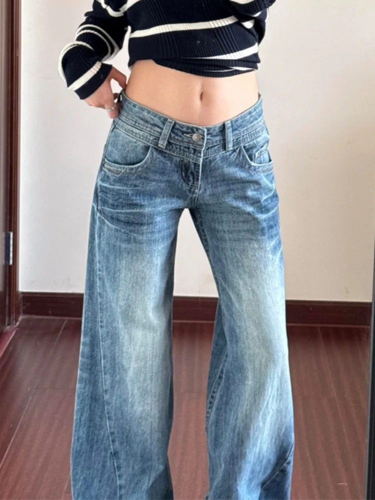 

American Style Low Waist Wide Leg Denim Jeans Women's Lazy Fashion Loose Fit Bootcut Pants Casual Wear Summer Season