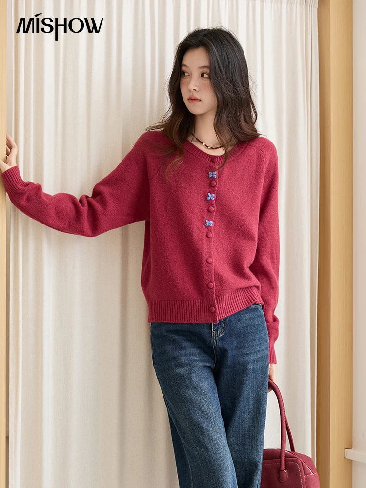 

MISHOW красный вязаный кардиган для женщин, осень 202, однобортный повседневный кардиган с круглым вырезом и пряжкой, вышитые женские кардиганы MXE47Z2621