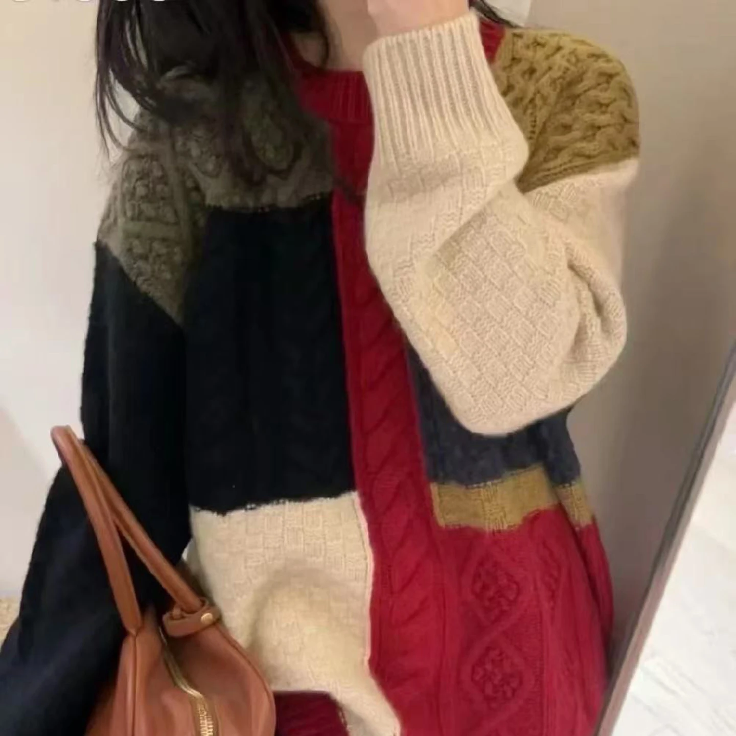 Pullover New100% Merino Wool Fashionable Women O-Neck Blocking Color Knit Autumn Winter Top  Skin Friendly Comfortable Clothing