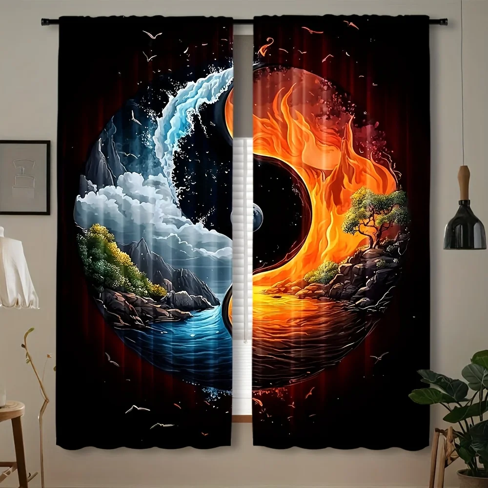 Yin Yang Curtain, Fire Water Elemental Window Drape, Taoism Symbol Blackout Panel, Meditation Room Living Room Decor
