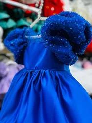 Children Dress Girls 1st birthday party Royal Blue Satin Sequin Wedding Flower Girl Baby Bubble Sleeves Princess Tutu Puff Dress