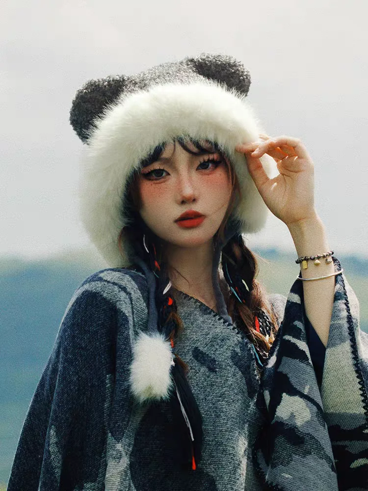 Fur Bear Earscaps Funny Fashion Autumn Winter Leopard Fur bomber Ball Plush Big ear hats Hat Soft Warm Thick Basin Bucket Hats