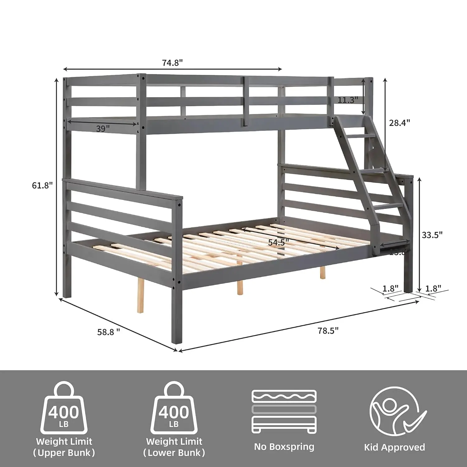 Twin Over Full Bunk Bed with Ladder & Guardrail for Kids Teens Dorm Guest Room No Box Spring Needed, Customized