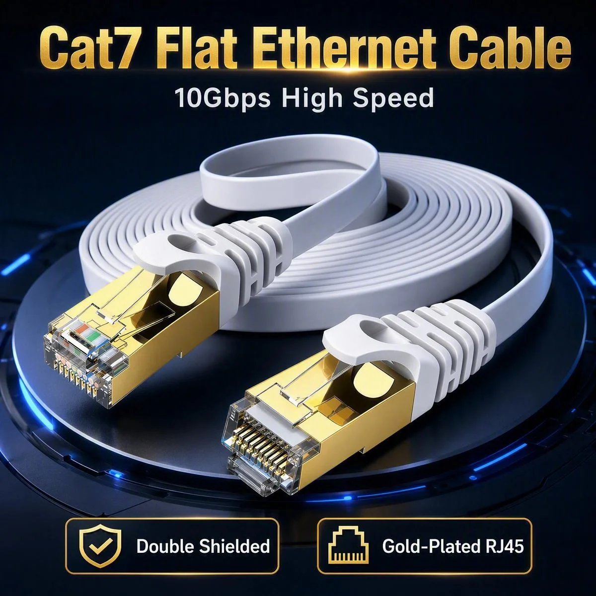 Cat7 Flat Ethernet Cable 10Gbps Double Shielded White Gold Plated RJ45 LAN Patch Cord for Home Gaming Office