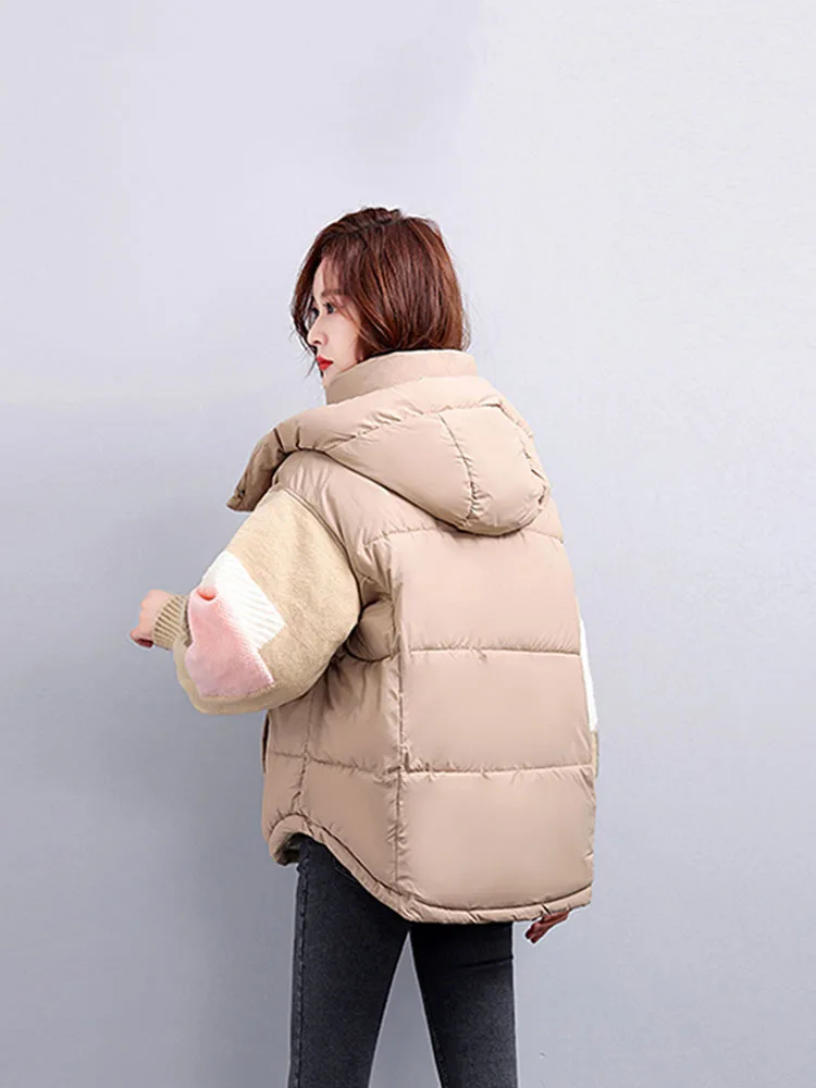 Fashion Patchwork Winter Women Coat Hooded 2023 New Casual Thick Parkas Loose Warm Down Cotton Padded Jackets