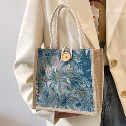 Bolso de mano con botón de lino y cremallera para mujer, bolsa de comestibles de gran capacidad, bolsa de regalo, organizador de playa, bolsa de compras portátil, bolsa de Almuerzo