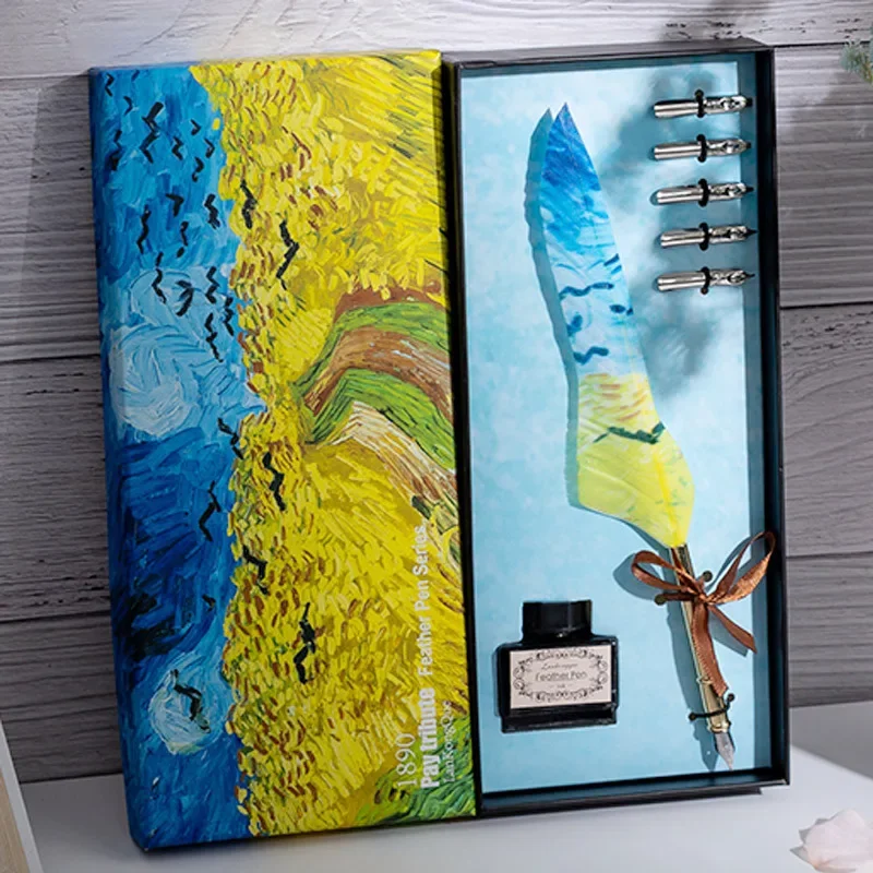 Blue Peacock Feather Oil Painting Style Birthday Creative Gift Dipping Pen Set English Calligraphy Retro Box