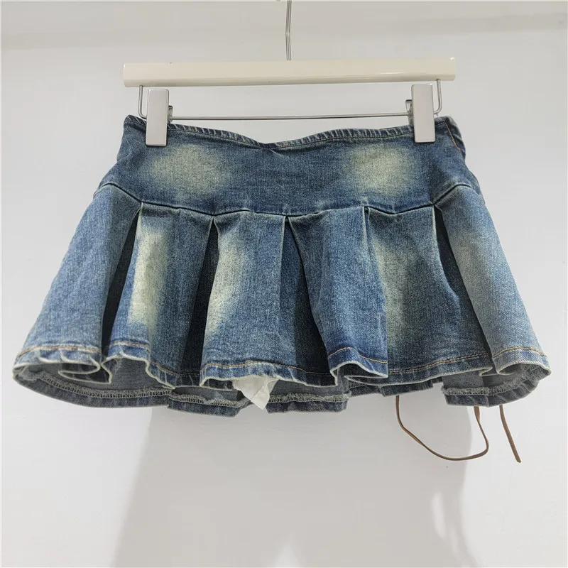 ANJY Spring Summer New Women Distressed Cross-Strap Bandage Pleated Denim Skirt Vintage Fashion Trend Hot Girl Ins Skirts A25905