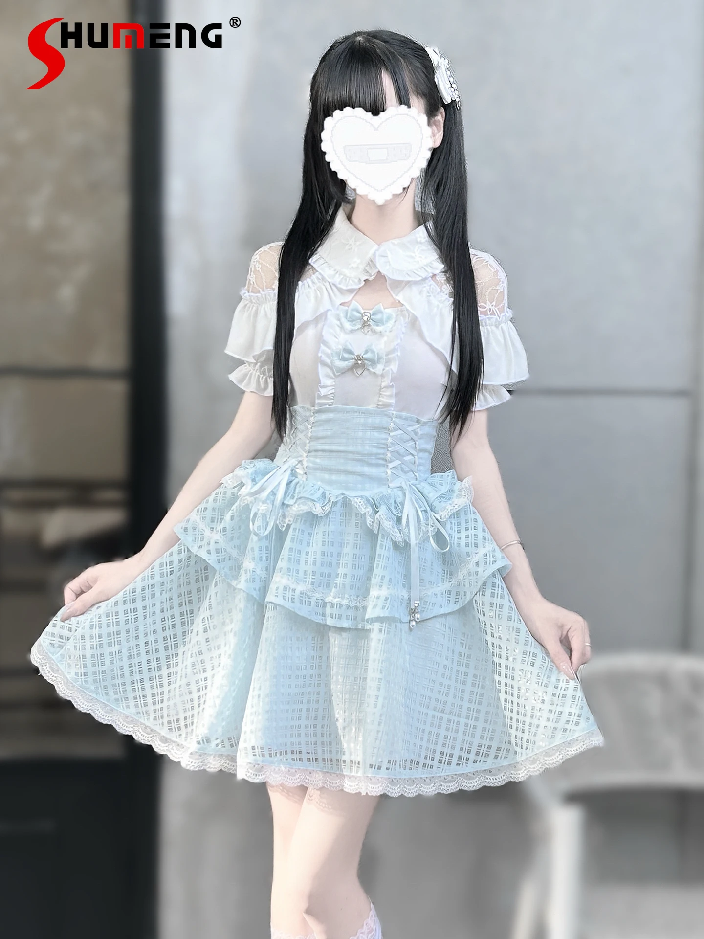 

Japanese Mine Style Doll Collar Bubble Sleeve Lace Bow Shirts High Waist Lace-up Slim A-line Skirts Two-piece Sets Women Summer