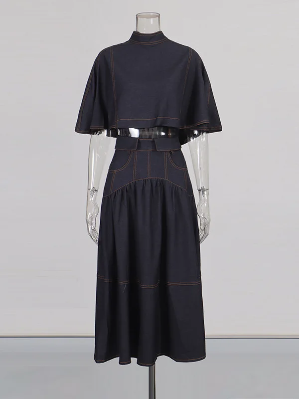 

High Waist Denim Top And Skirt Set Women's Fashionable Two-Piece Outfit Stand Collar Casual Style Autumn Wear
