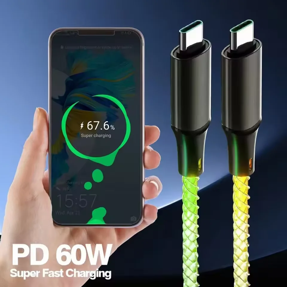 RGB Fast Charging Cable USB-A to Type C to Type C 66W Glowing Phone USB C Wire For IPhone16 15 Xiaomi Samsung POCO PD Data Cord